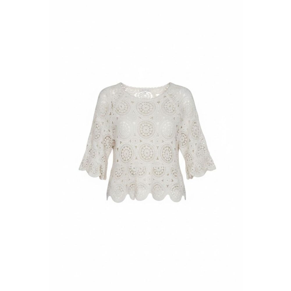 Solitaire NWOT Crochet Open Knit Ruffle 3/4 Sleeve Peplum Blouse Top Beige Small
